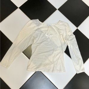 Vintage 80s 90s Natori Sheer Henley Top Scoop Neck Cream Ivory White Bone size S